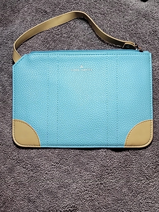 Globe-Trotter Handbags - Light Blue Leather Wristlet Clutch with Tan Accents